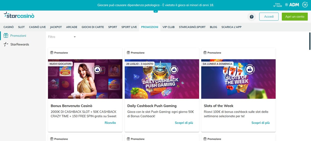 Promozioni Starcasino Italia Bonus
